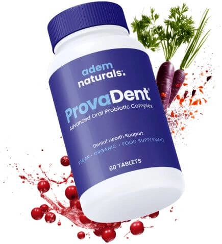 ProvaDent by Adem Naturals – Advanced Oral Probiotic Complex for dental health support. A natural formula with organic ingredients, designed to promote a balanced oral microbiome. 60 tablets per bottle