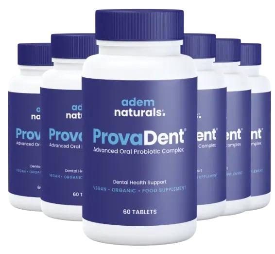 ProvaDent by Adem Naturals – Pack of 6 bottles of the Advanced Oral Probiotic Complex. Supports dental health with a natural, vegan, and organic formula. 60 tablets per bottle