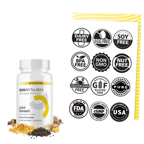 BioDynamix Joint Genesis supplement bottle next to icons showing certifications and claims including gluten-free, non-GMO, dairy-free, soy-free, and made in the USA