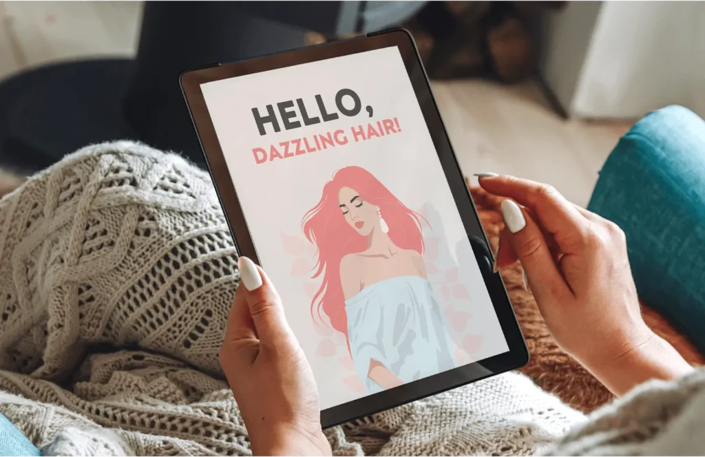 Digital guide about hair wellness being viewed on a tablet, featuring an illustration of a woman with long, flowing hair.