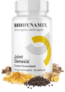 Bottle of BioDynamix Joint Genesis supplement surrounded by natural ingredients like ginger, black pepper, and resin