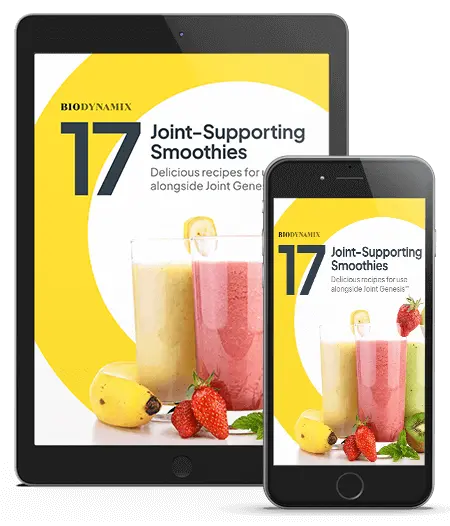 Digital cover of the BioDynamix “17 Joint-Supporting Smoothies” eBook displayed on a tablet and smartphone, featuring colorful smoothie glasses and fresh fruit