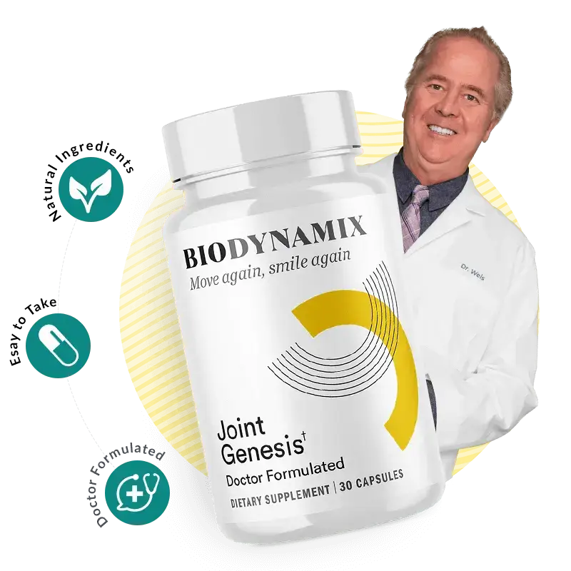 Doctor presenting a bottle of BioDynamix Joint Genesis supplement, with icons highlighting vegan-friendly formula, capsules, and joint support benefits