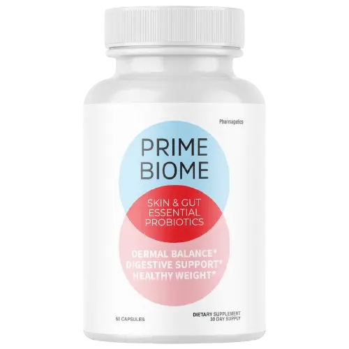 PrimeBiome probiotic supplement bottle designed to support gut and skin health.