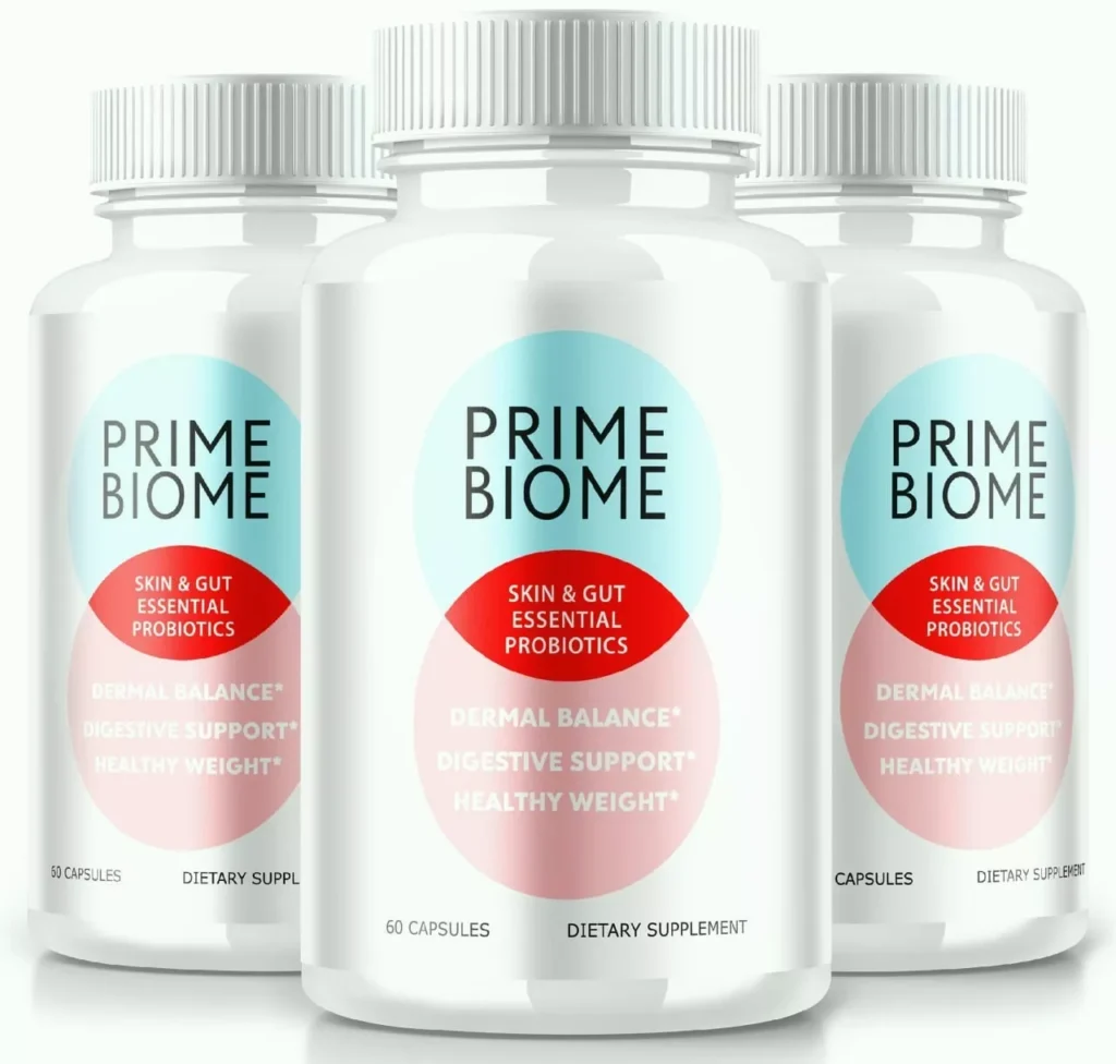 PrimeBiome probiotic gummies bottle with aloe vera and natural powder ingredients, supporting gut and skin wellness.
