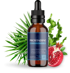 Prostadine prostate support supplement bottle with dropper, featuring natural ingredients like pomegranate and seaweed